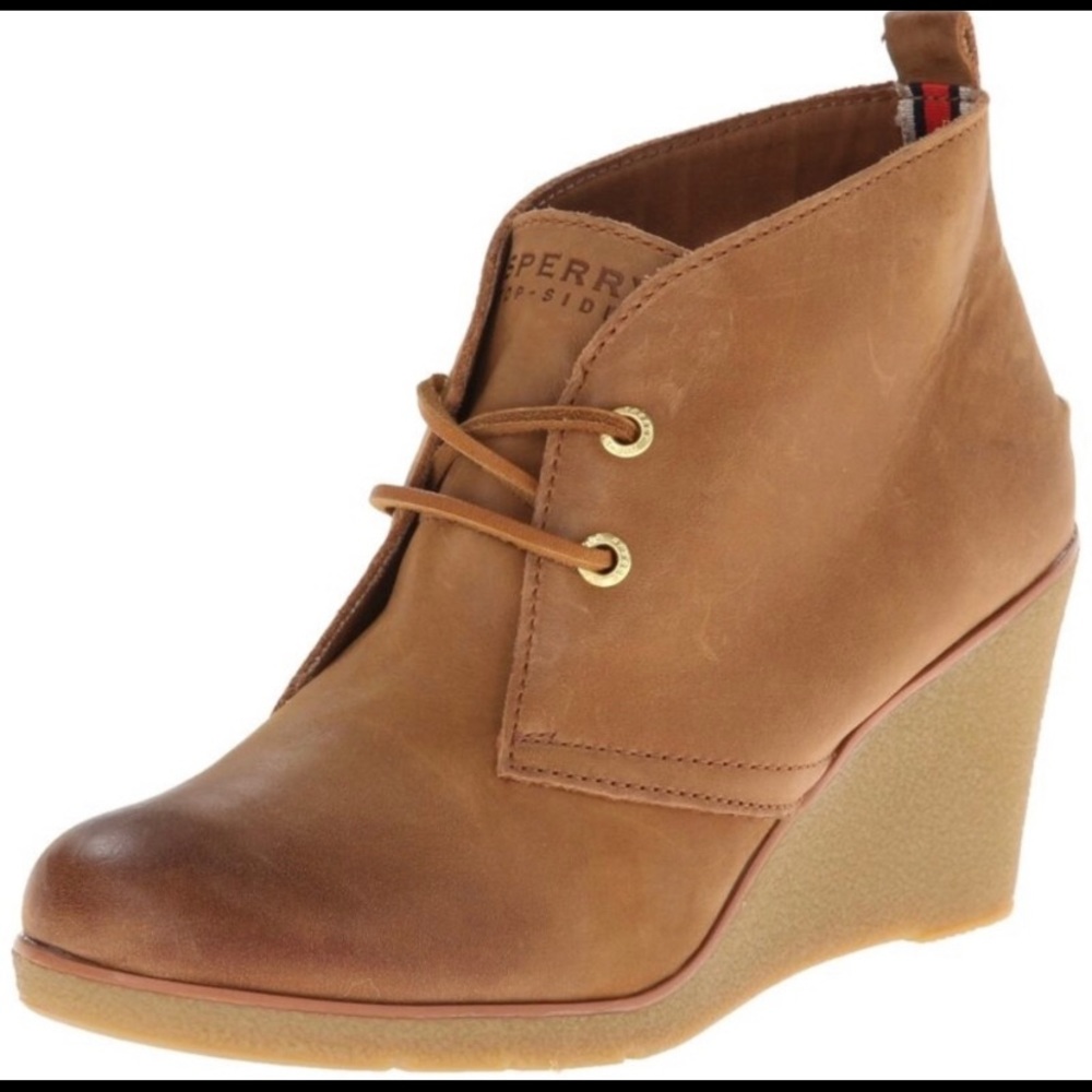 Womens Sperry Top-Sider Harlow Shoes Cognac Leather Ankle Wedge Boot